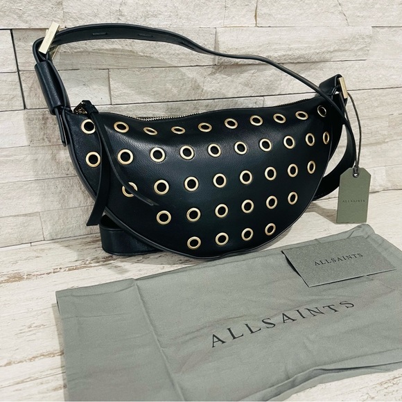 ALLSAINTS Half Moon Eyelet Shoulder Crossbody Bag Black 100% Lamb Leather NEW - Picture 2 of 16